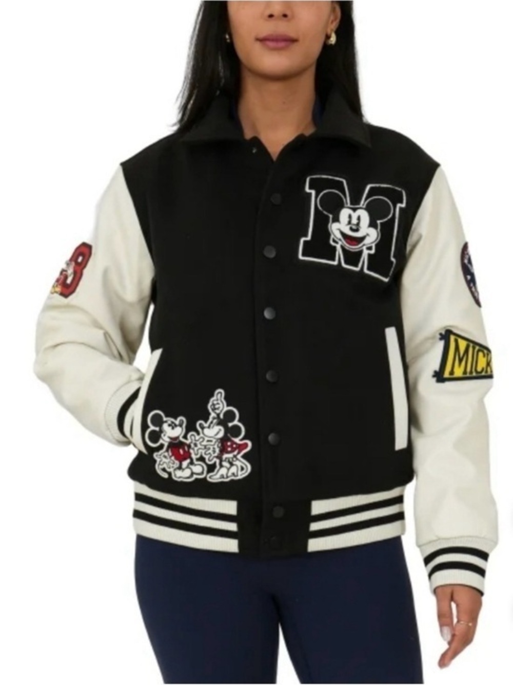 Disney Black and White Mickey Patch Varsity Jacket